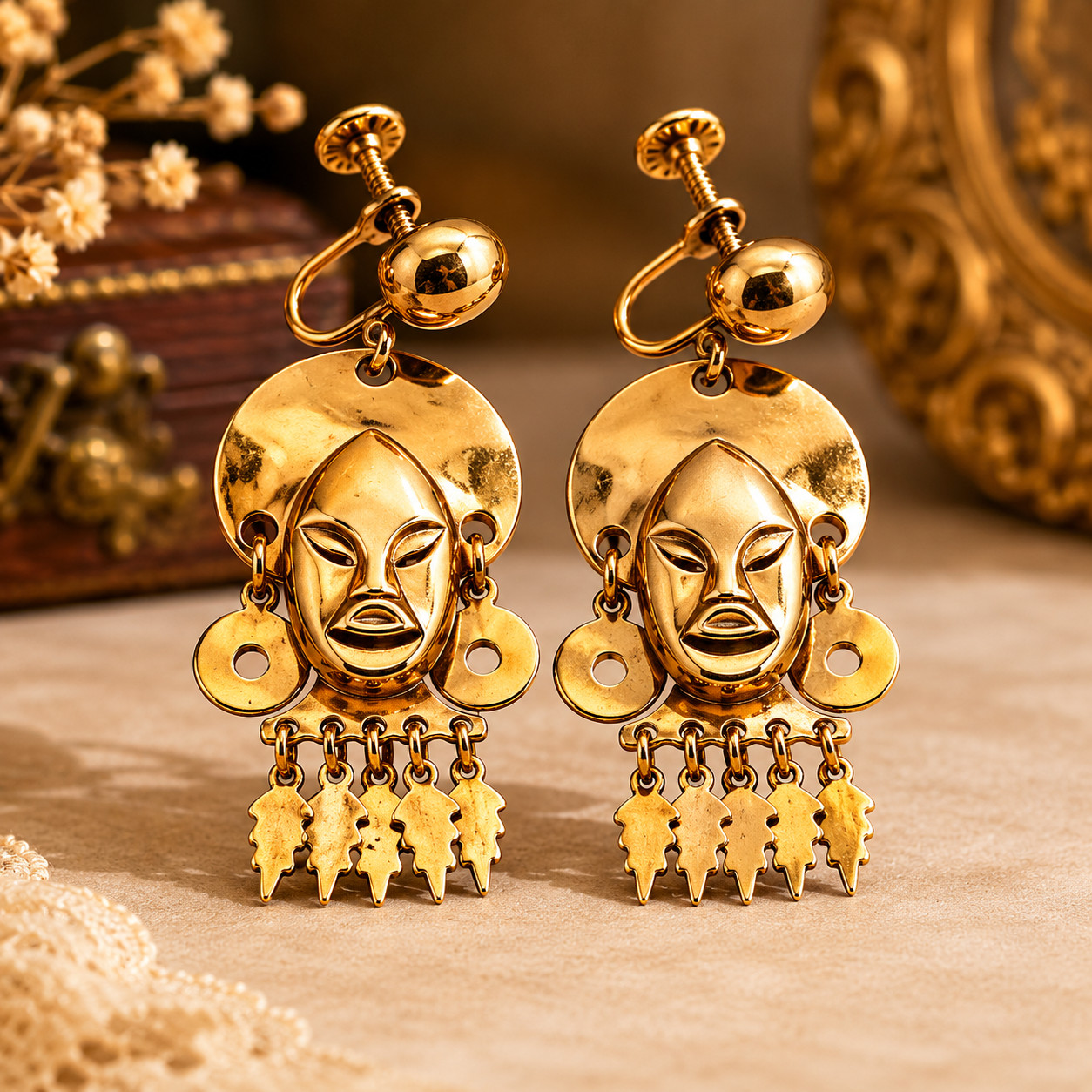 Vintage Gold Tone Tribal Mask Dangle Earrings Screw Back African Ethnic 2 In