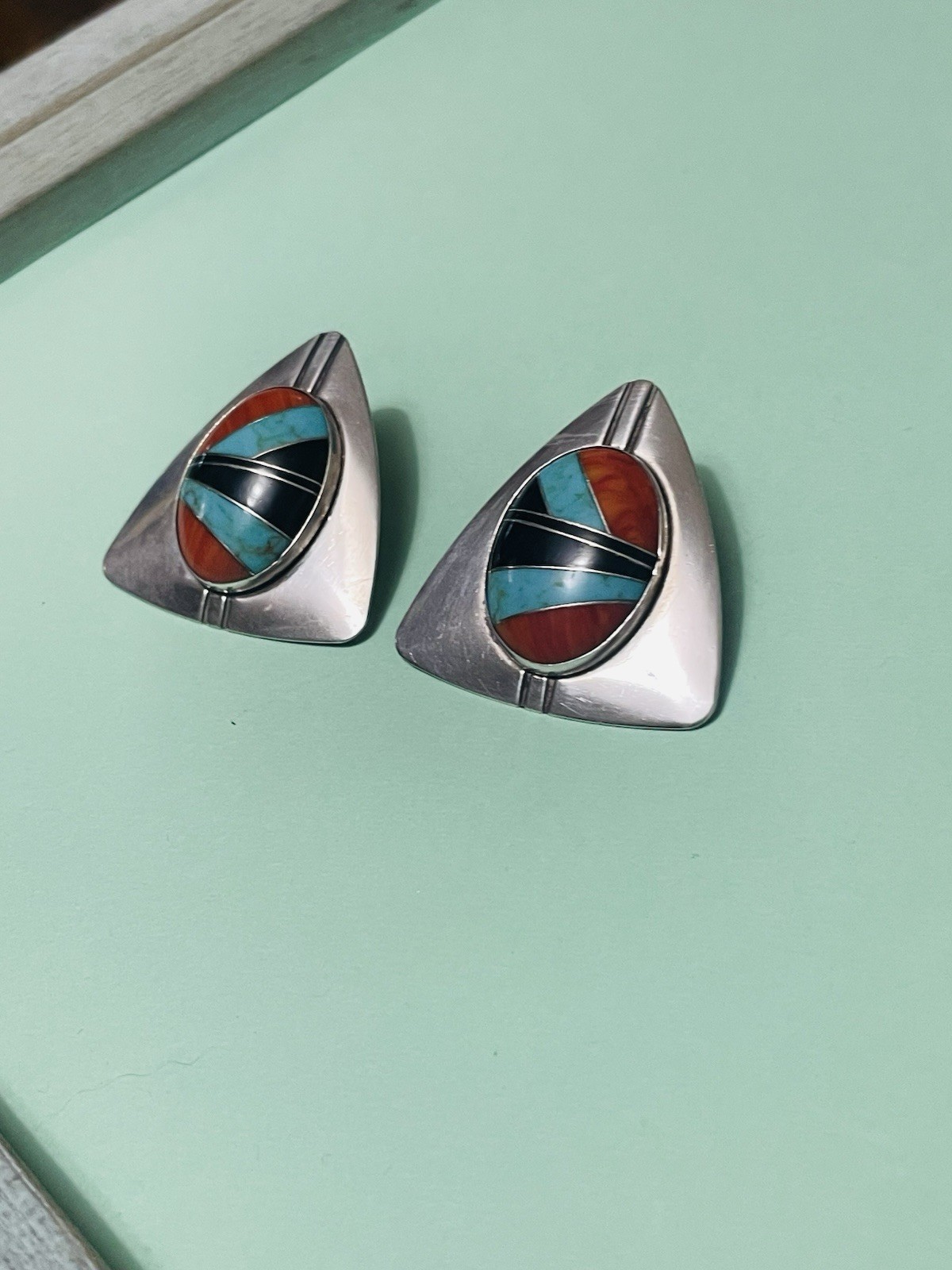 N/A? Zuni Style Mosiac Sterling Silver Earrings Clip-on Large Vintage/Retro 20g