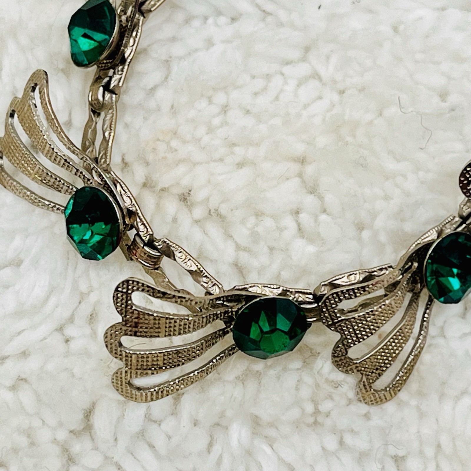 Vintage Green Rhinestone Bracelet Silver Tone Fan Link Open Work Deco Style