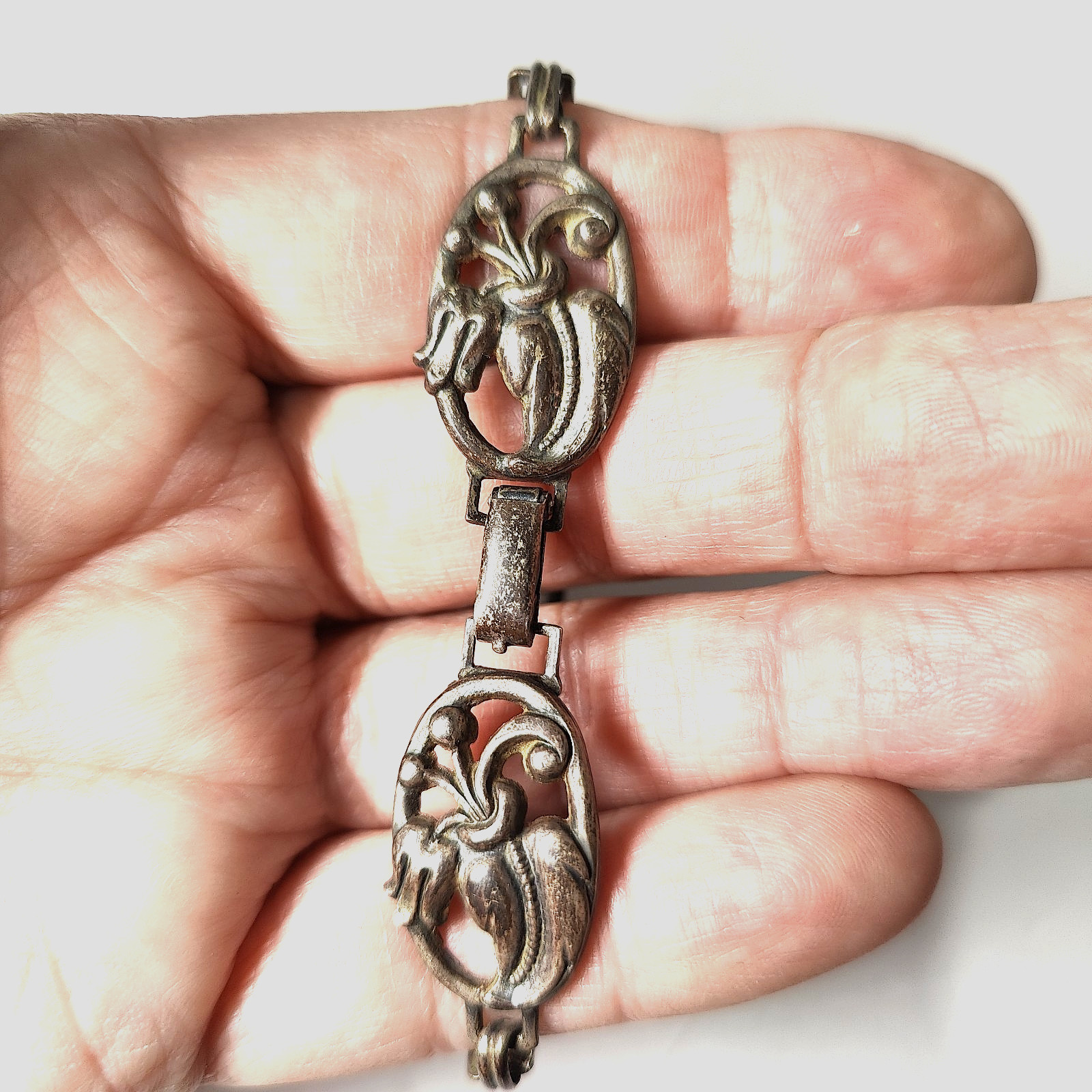 Danecraft Art Nouveau Revival Sterling Silver Signed Flower Panel Link Bracelet