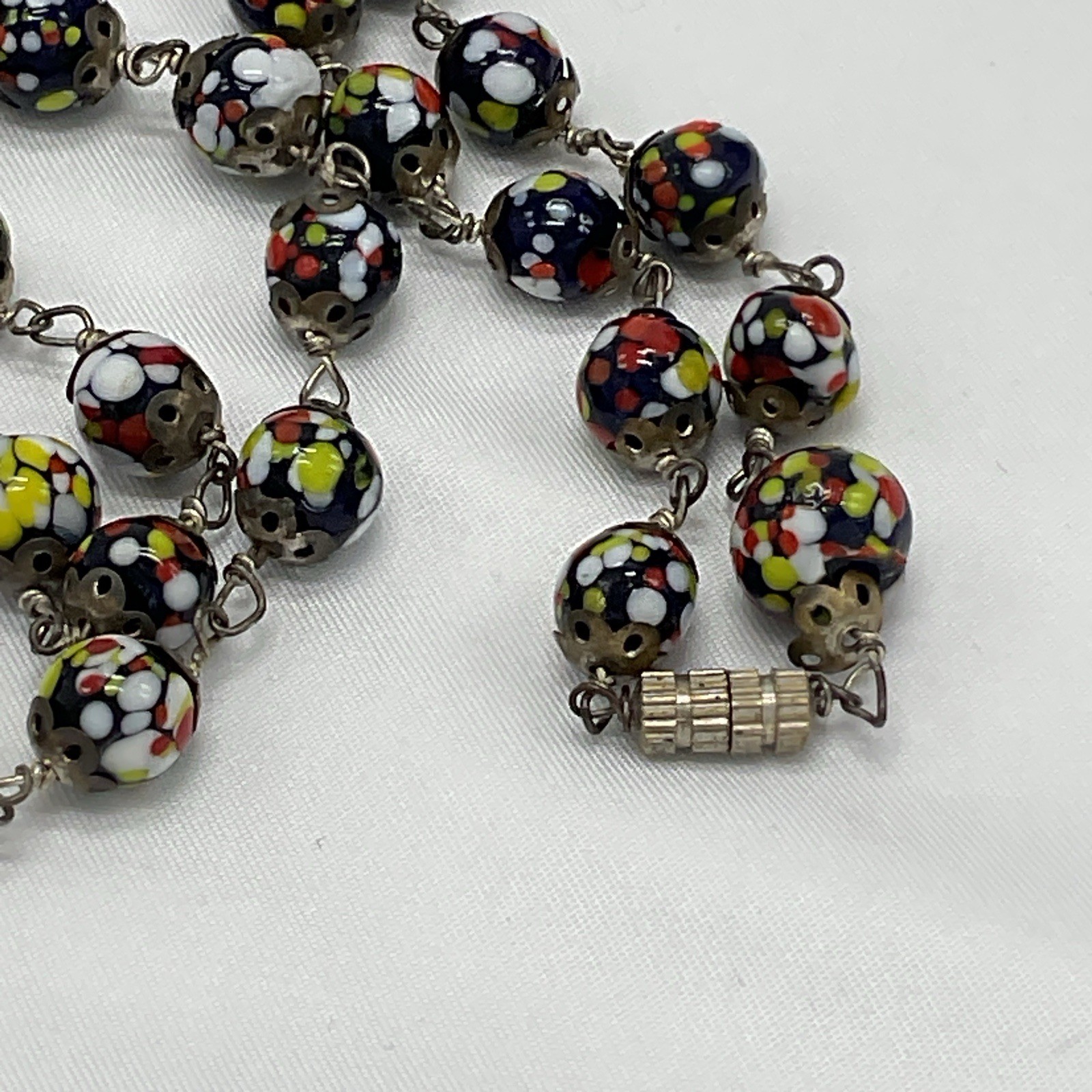 Vintage Millefiori Glass Bead Necklace Murano Style Wire Linked 22” Italy READ