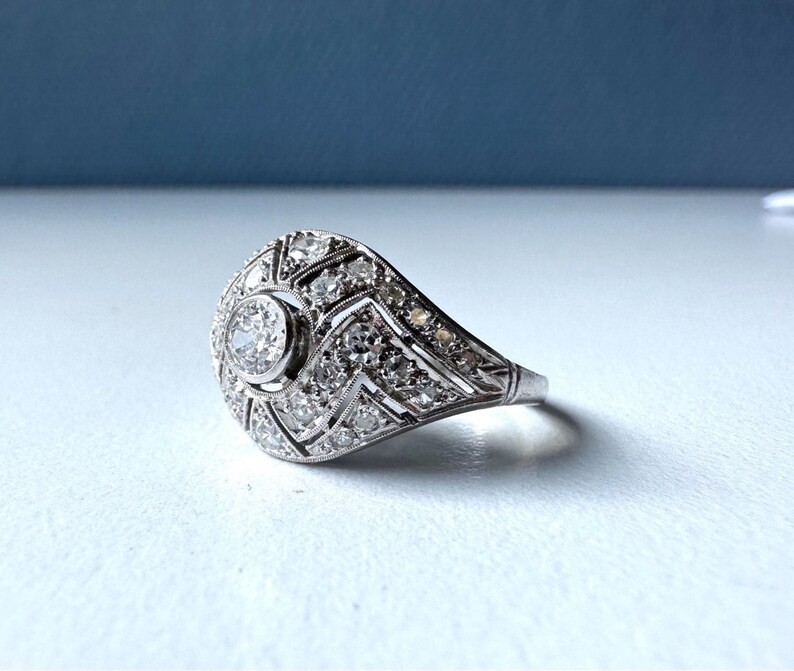 Art Deco Style Round Cut Lab Created Diamond 14K White Gold FN Engagement Ring