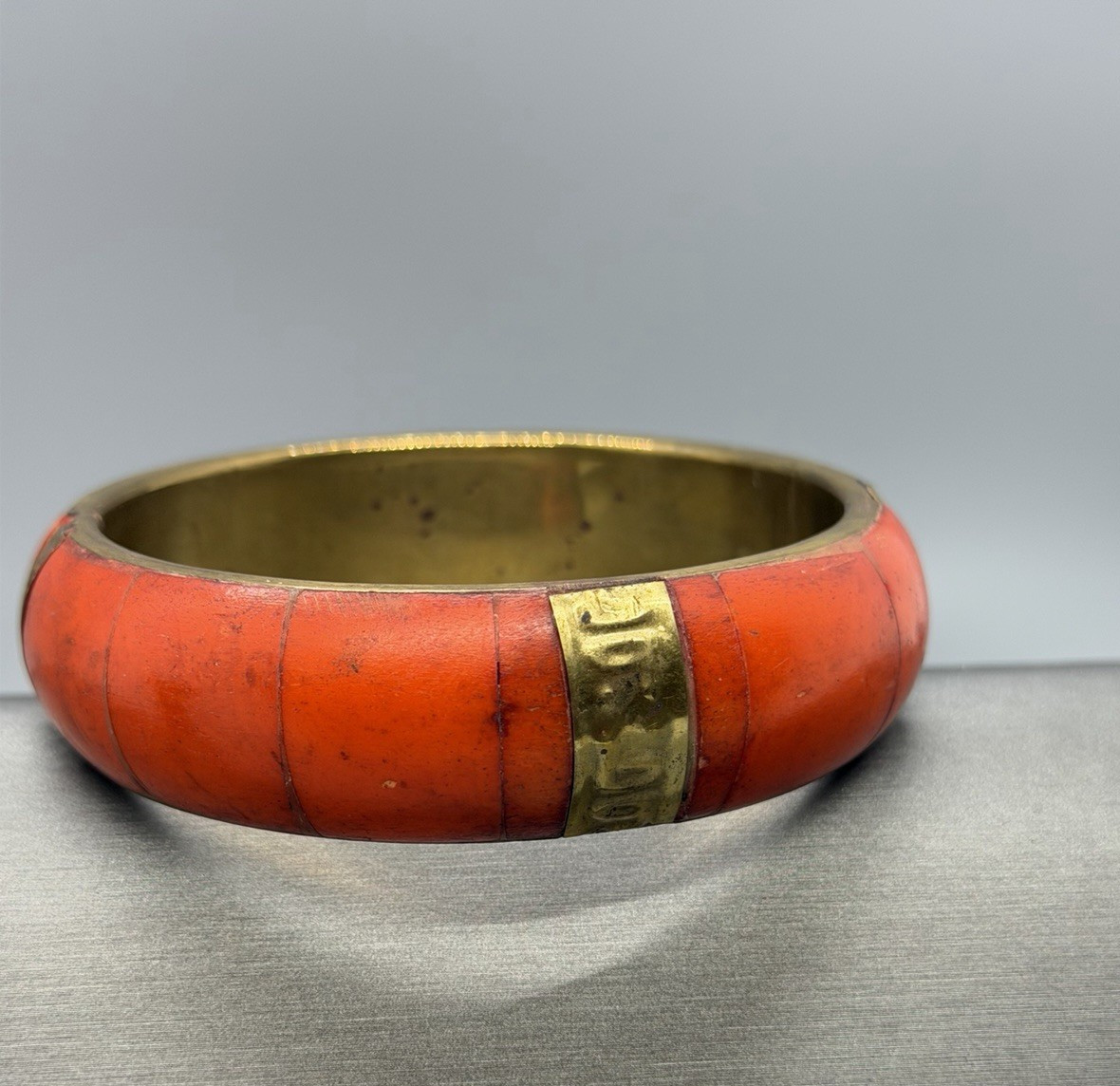 Orange Wood And Brass Textured Made In India Bangle Large Size 9″ Stacker