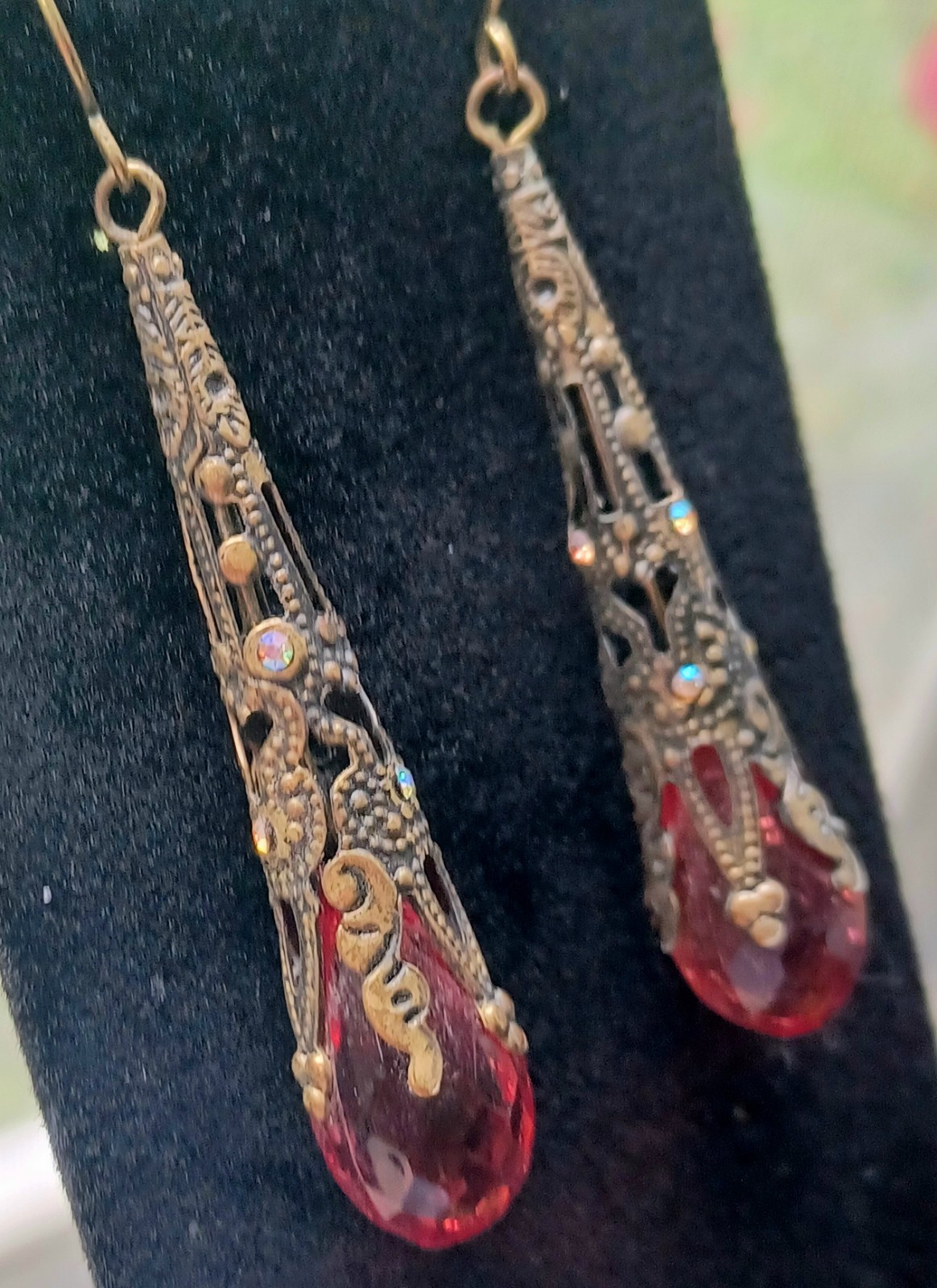 Vintage Czech Amber Lucite Brass Plated Dangle Wire Earrings