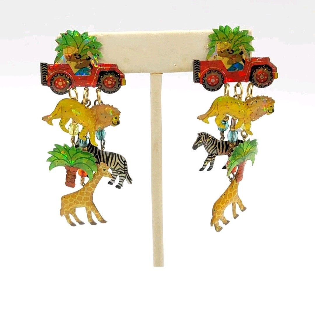 Vtg Dangle 3″ Earrings Truck Lion Zebra Tree Giraffe Sarfari Animal Jewelry