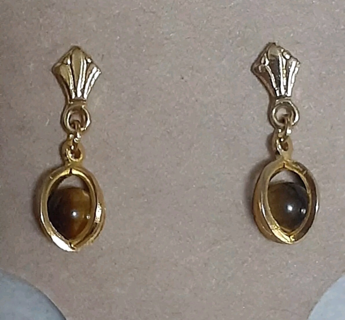 Dainty Tiger’s eye gemstone caged gold tone dangle drop earrings
