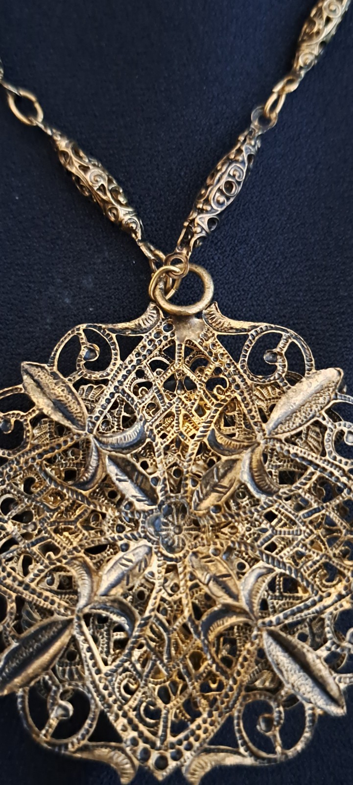 Vintage W. Germany? Gold Filigree Opaline Cabochon & Accented Pendant Necklace
