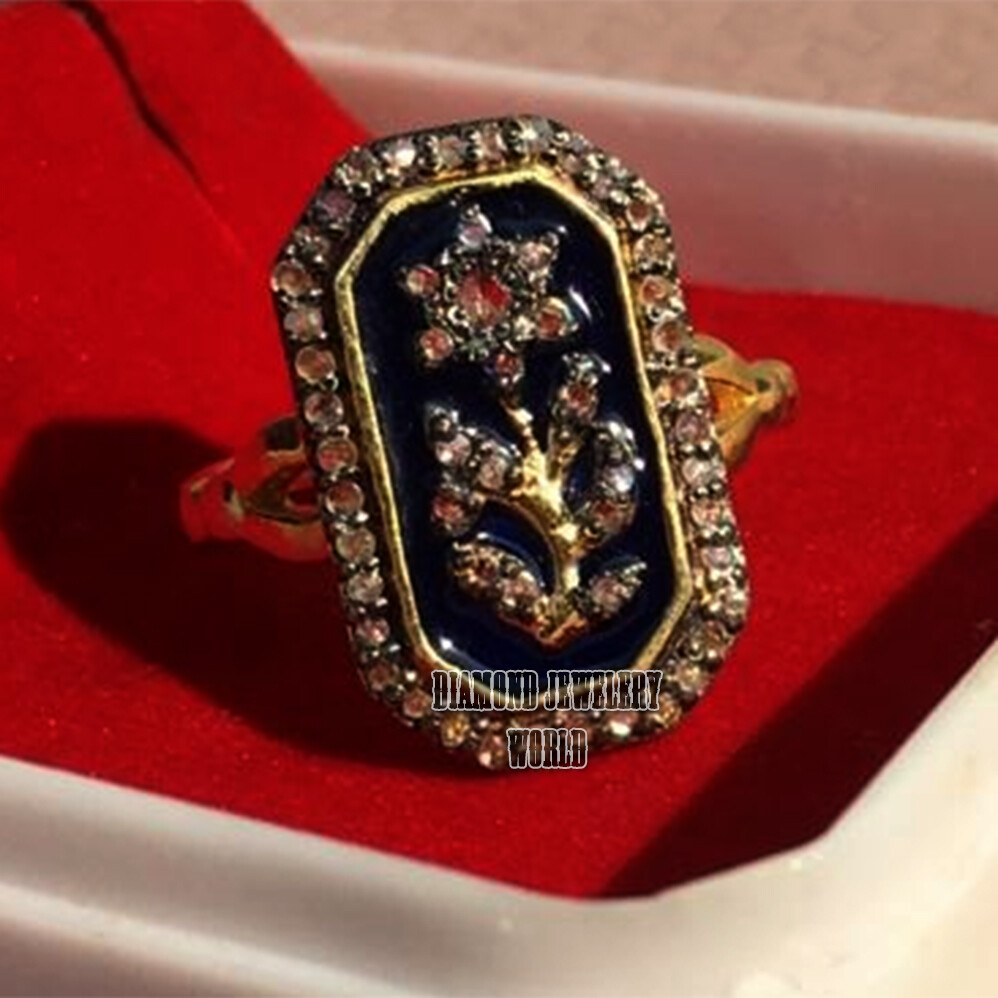 1.30ctw Genuine Old Mine Rose Cut Diamond Enamel Victorian Silver Ring Jewelry