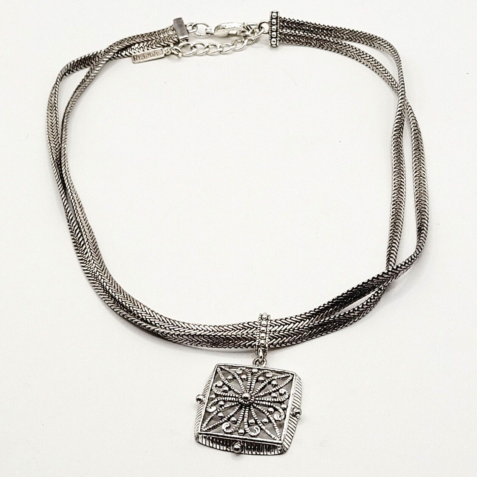 Napier Two Chain with Square Floral Filigree Ornate Silver Tone Pendant Necklace