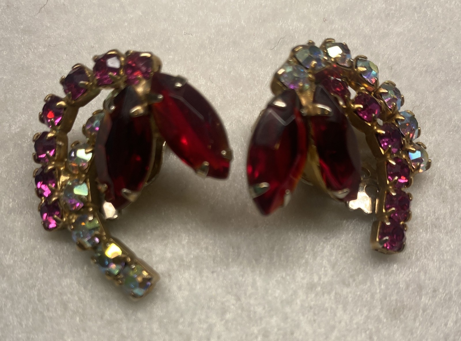 Vintage Red, Pink & Clear AB Rhinestone Brooch & Earrings in Gold Tone Setting
