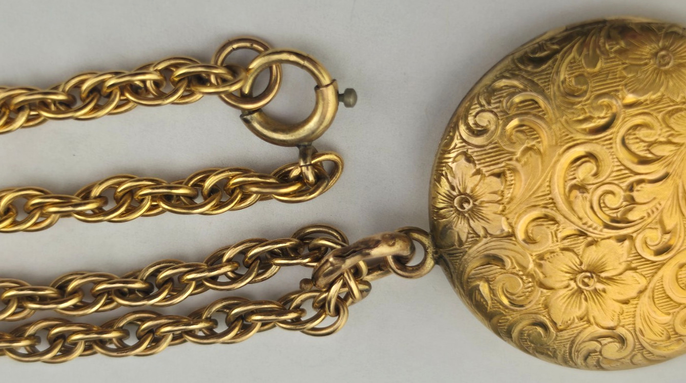 Antique W&SB 1/4 Gold Shell Fill Art Nouveau 3cm Locket Rope Chain Necklace