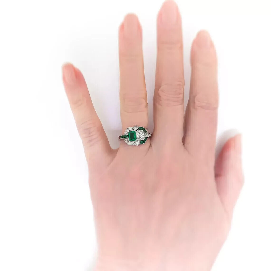 Art Deco Style 4.2Ct Green Lab Created Emerald Engagement 14K White Gold FN Ring