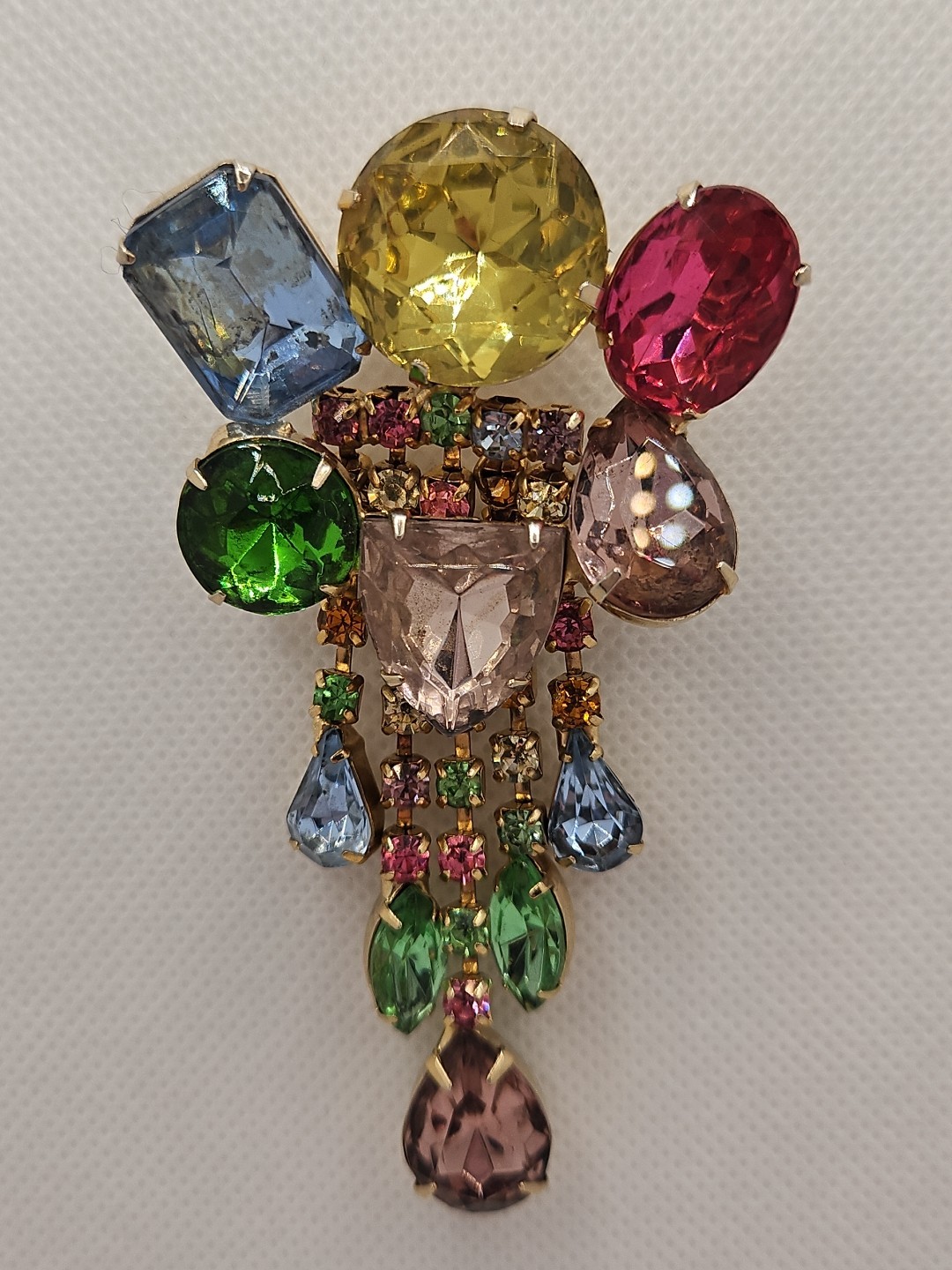 Vintage Chandelier Large Brooch & Earrings Multicolor Rhinestones Set