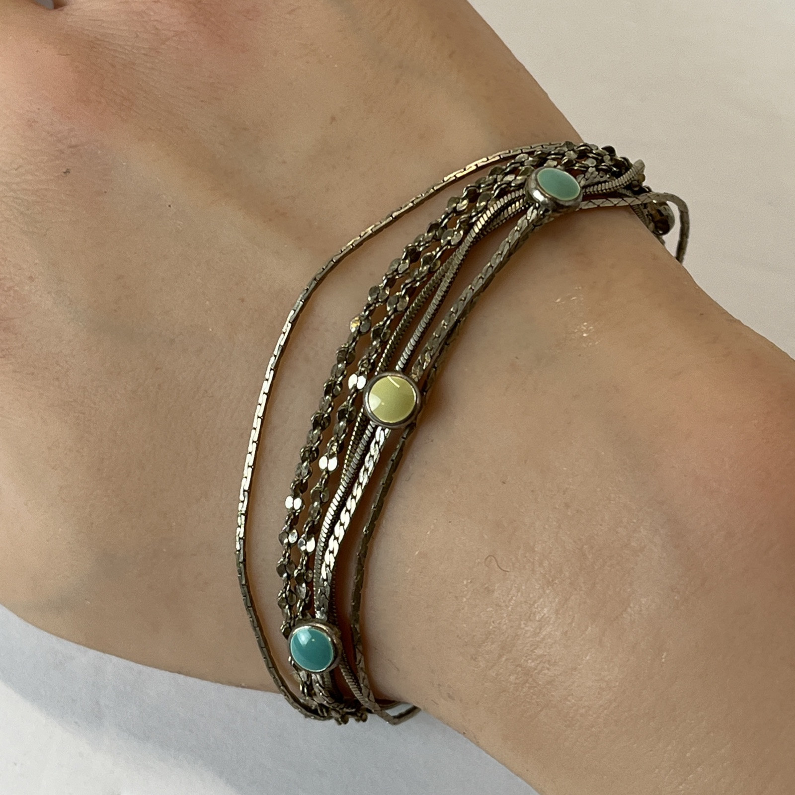 Natural Stone & Multiple Chain Bracelet – Silvertone – 7” – Lobster Claw Clasp