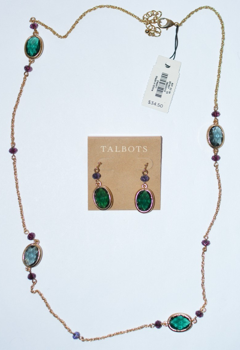 Talbots gold tone faceted green/gray oval accent necklace and earrings set w/tag