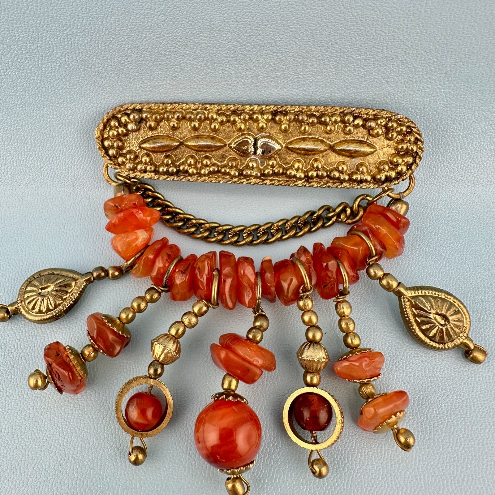 Vintage Bar Brooch Gold Tone Dangle Chains Carnelian Stone Beads Boho India