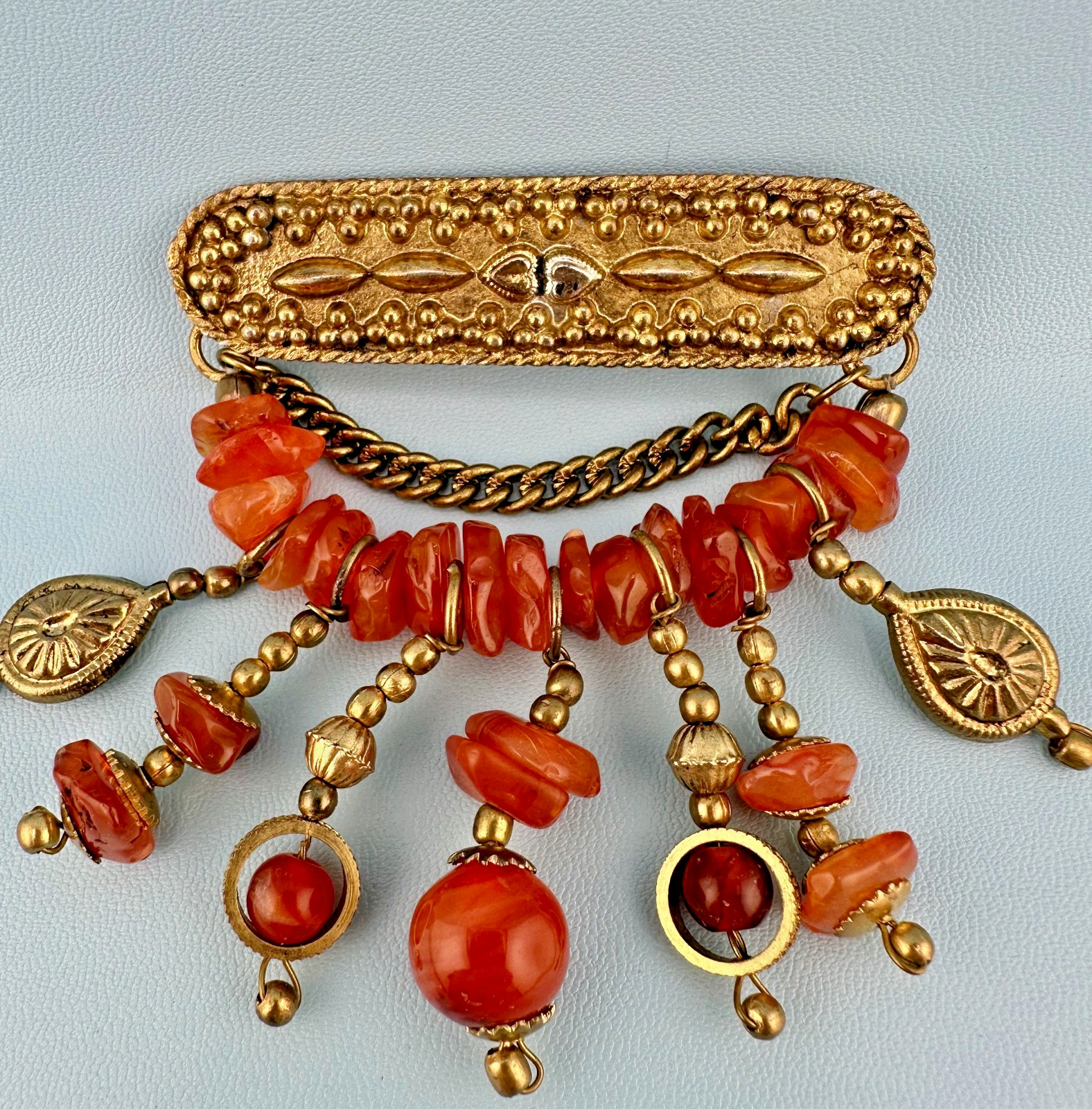 Vintage Bar Brooch Gold Tone Dangle Chains Carnelian Stone Beads Boho India