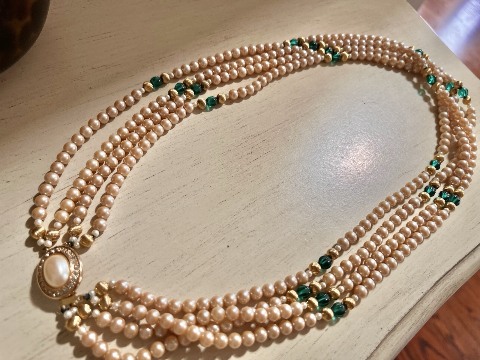 Vintage 4 Layered Ivory Pearl Green Glass Crystal Pave Clasp Beaded 24” Necklace
