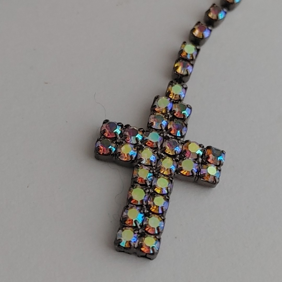 Vintage Y Drop CROSS Rhinestone Necklace AB Cup Chain Choker Gunmetal 14” to 17”