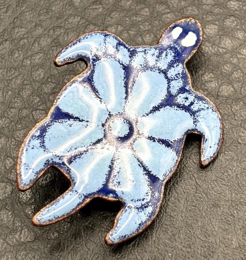 Vintage Copper Abstract Sea Turtle Two Tone Blue Enamel Art Brooch Pin Beach