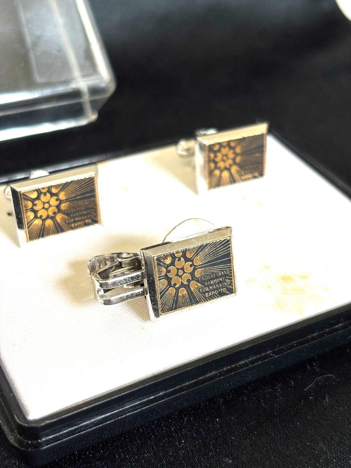 EXPO 70 Osaka Vintage Damascene Cufflinks Tie Pin Set Takeshi Otaka 24K