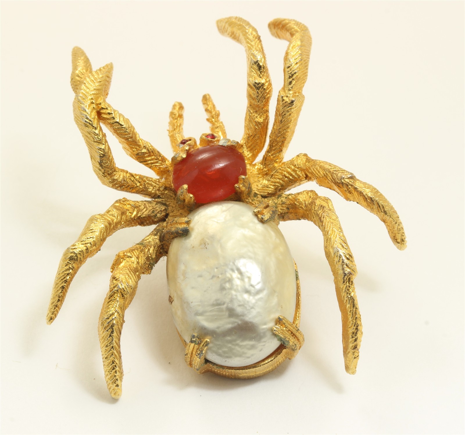 Vintage Mid Century Large Gold Tone Rhinestone Pearl Spider Lapel Pin