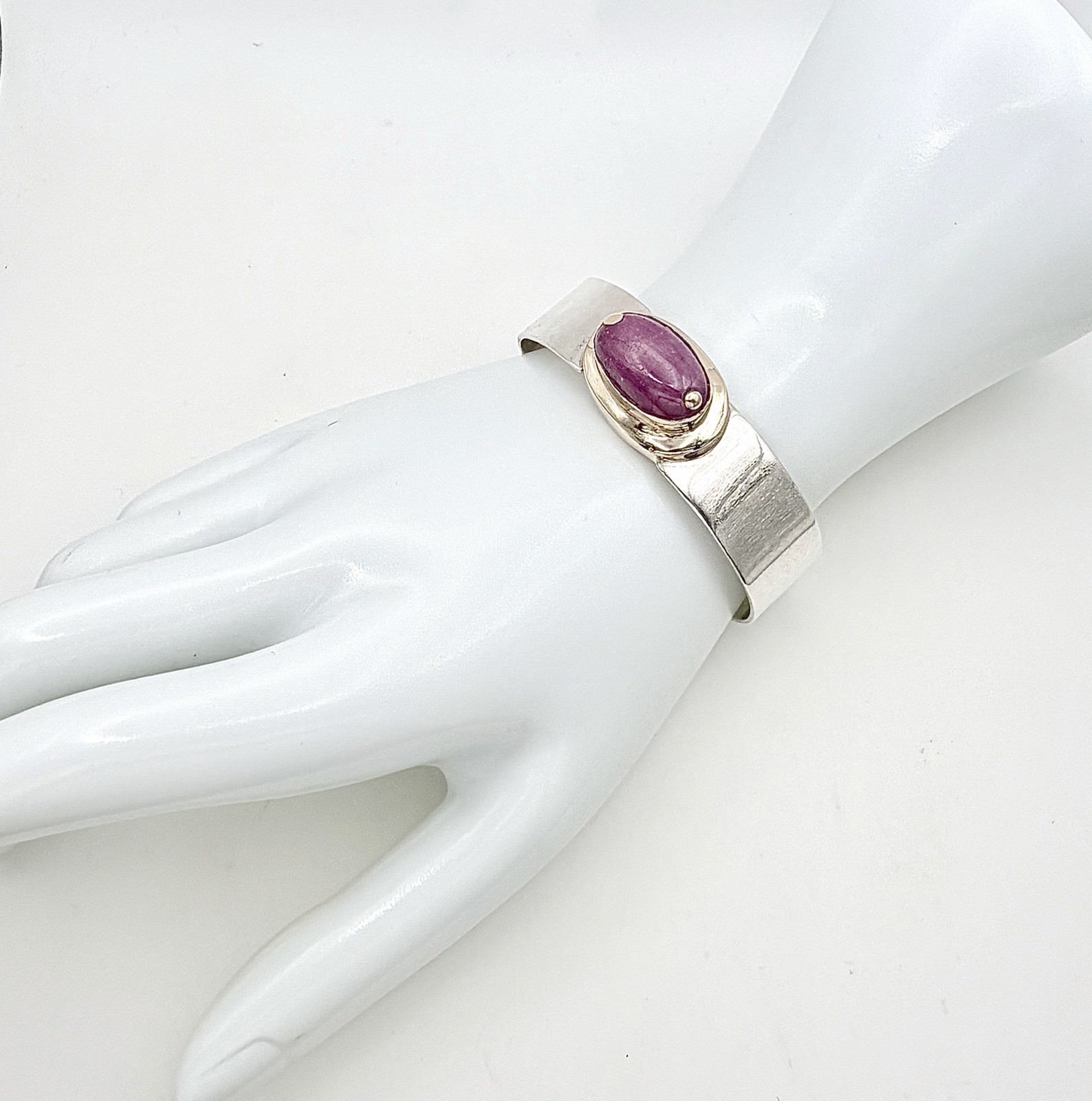 Vintage 14K Solid Yellow Gold & Sterling Silver MCM Cuff Bracelet Pink Cabochon