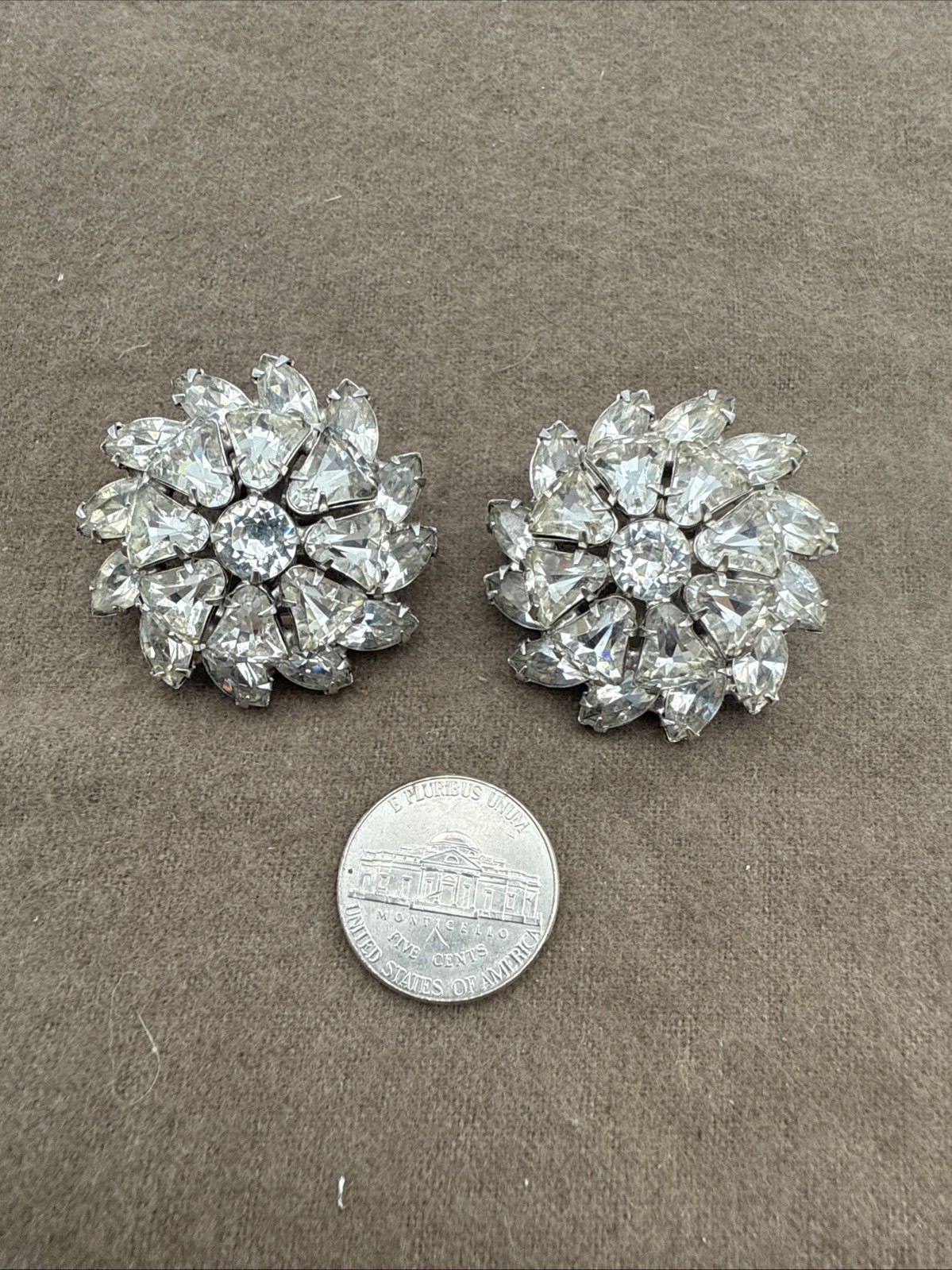 Vintage Clear Rhinestone Tiered Clip On Earrings Silver Tone
