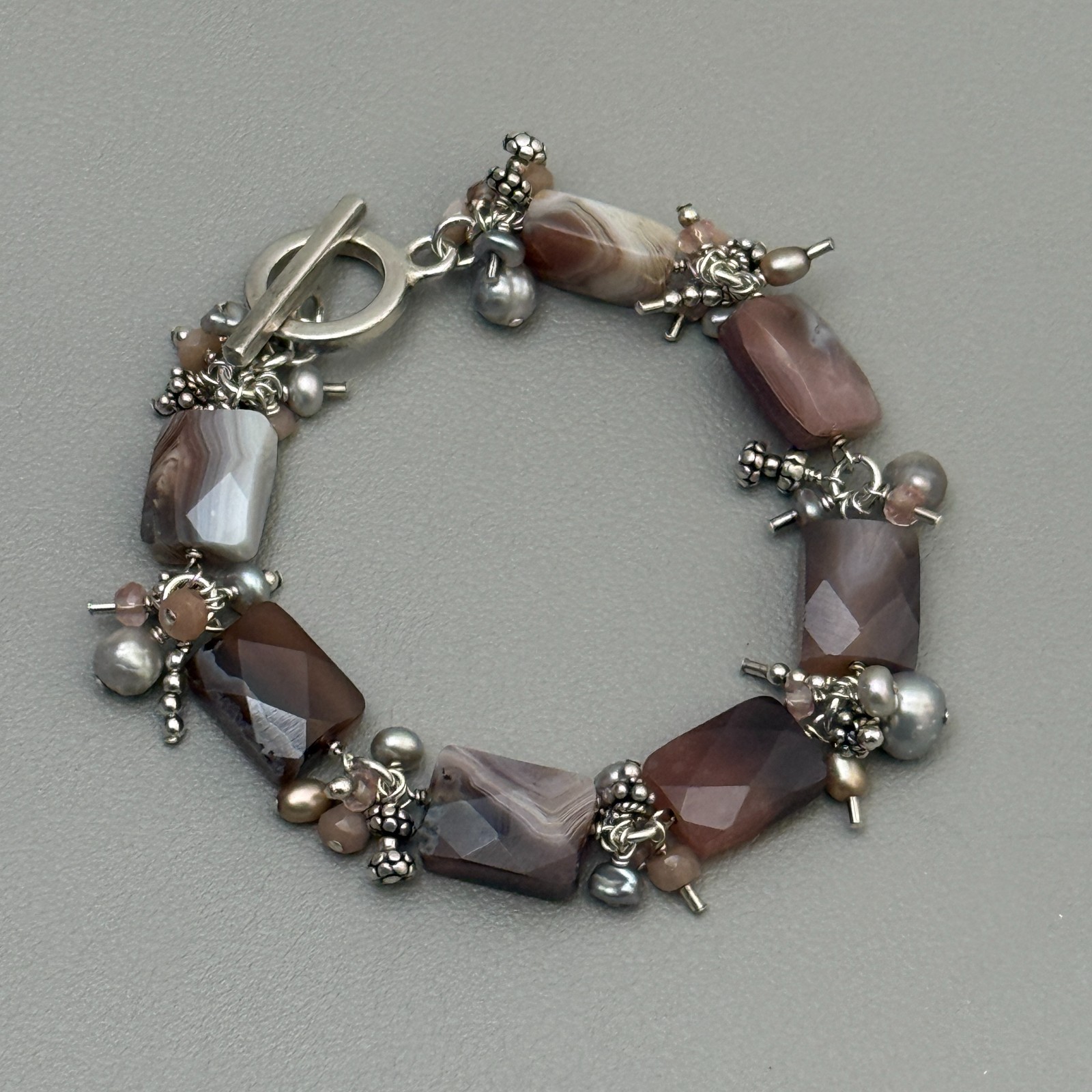 Artisan 925 Sterling Silver Banded Agate Pearl Bracelet Toggle Clasp 7″ Vintage