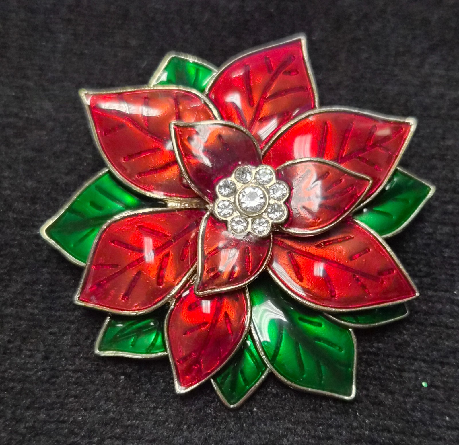 Vintage 90’s Festive Christmas Rhinestone Poinsettia Flower Pin / Brooch