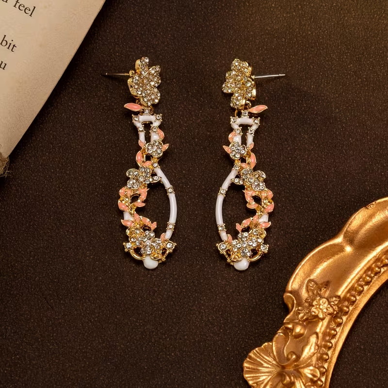 Vintage Floral Vase Rhinestone Dangle Earrings Gold Tone Pink Crystal Statement
