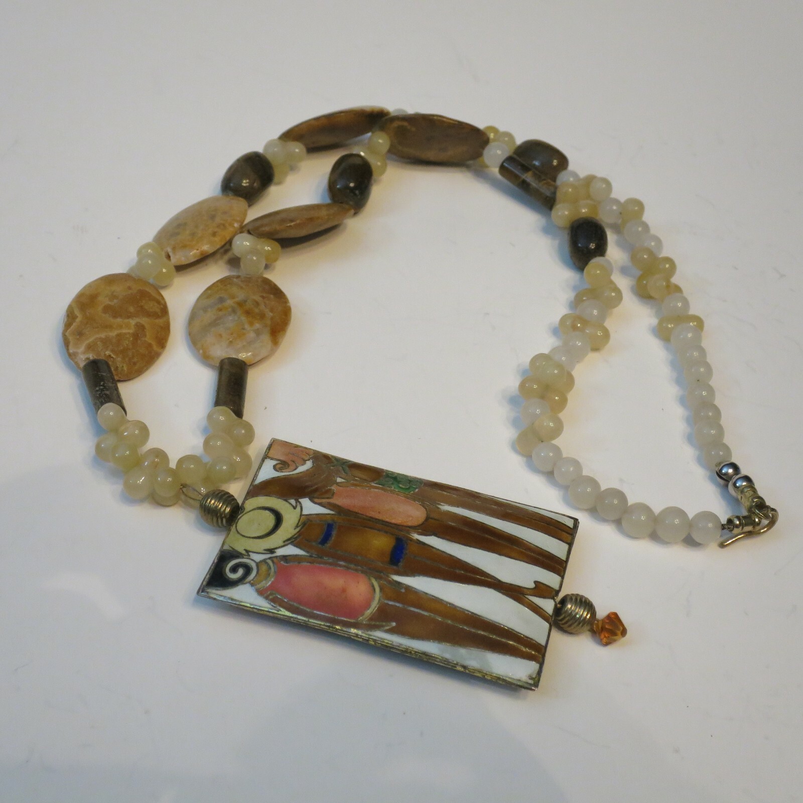 Art Deco Girls at Beach Cloisonne Stone Bead 24” Long Necklace Swimsuit Gold