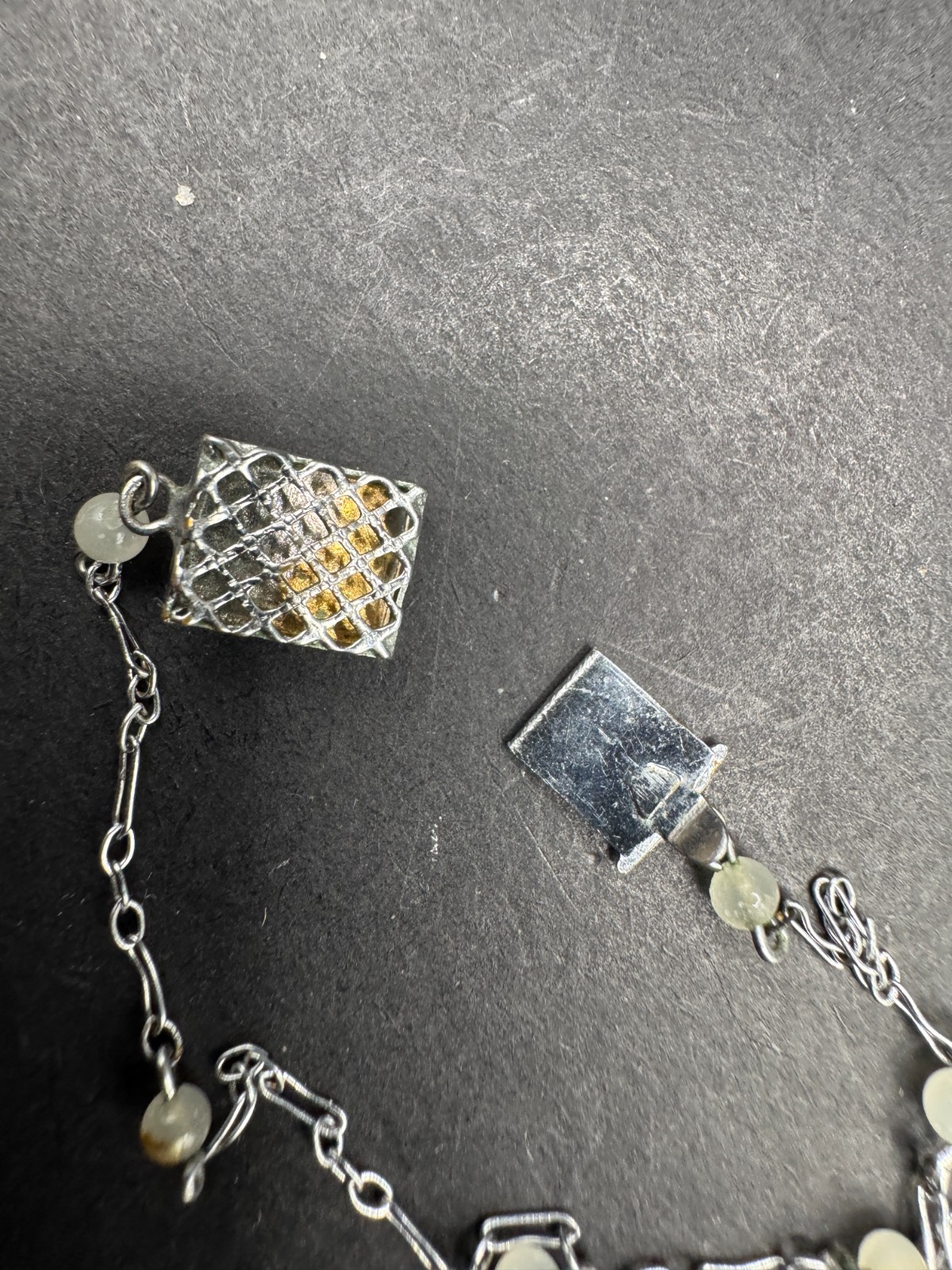 Art Deco Filigree Crystal Chain & Pendant Silver Tone
