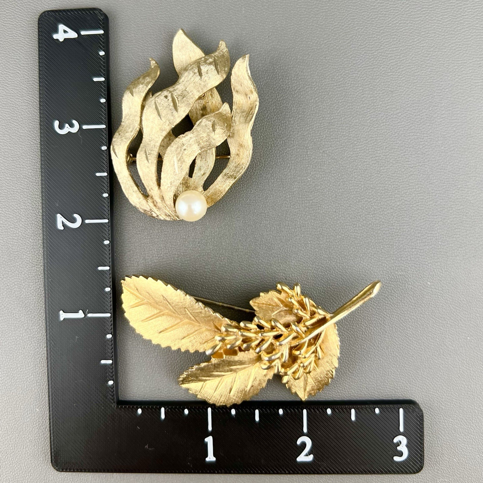 Vintage BSK Brooch Lot Leaf Feather Seaweed Faux Pearl Brushed Gold Tone Signed