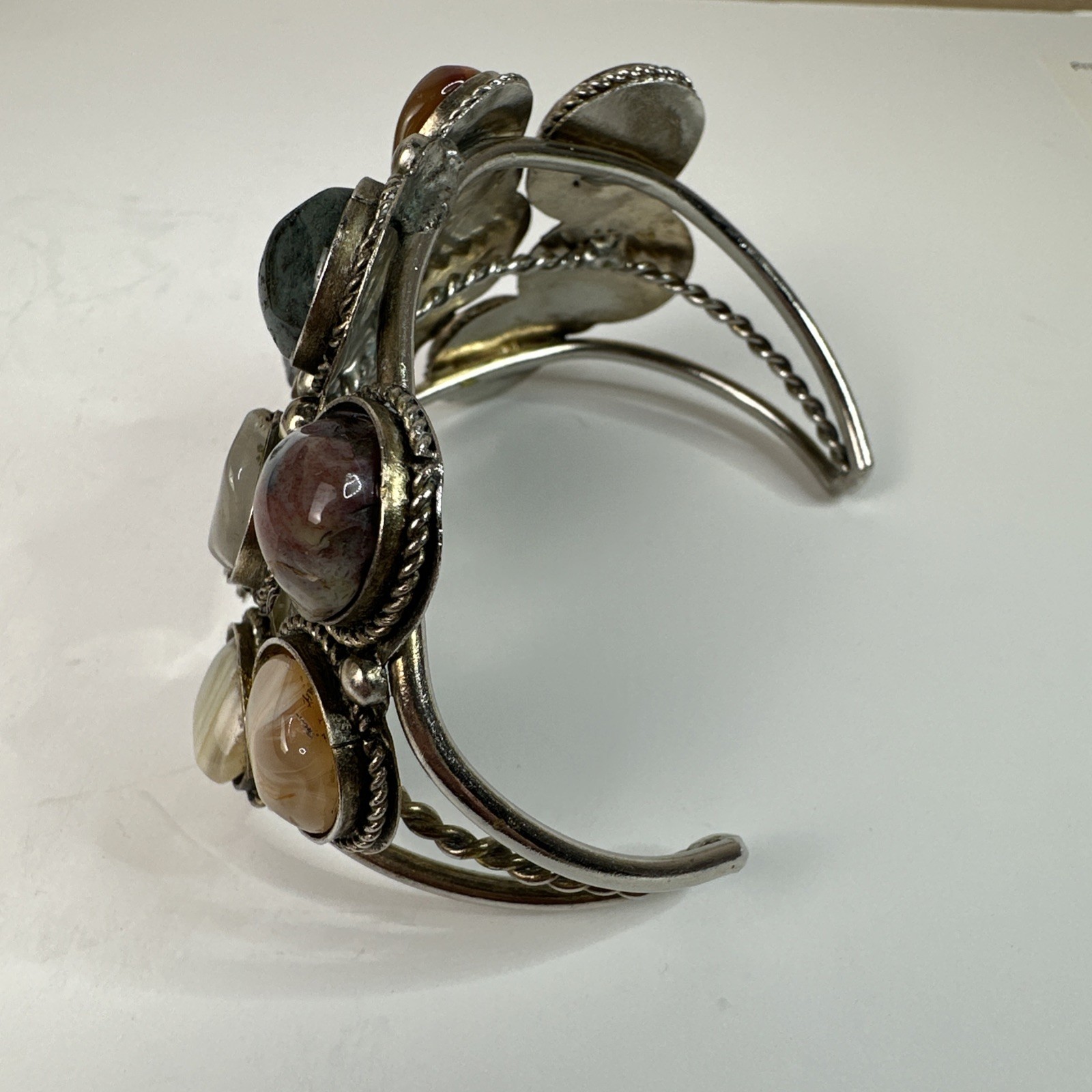 Vintage Multi Stone Agate Cuff Bracelet Silver Tone Cluster Boho Artisan
