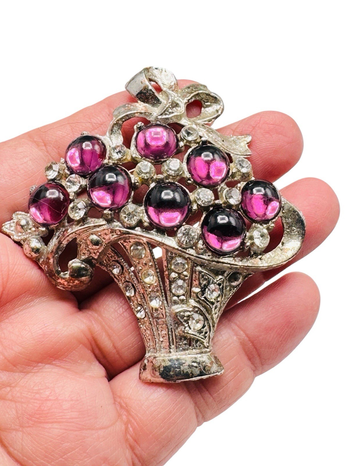 Vintage Coro? Purple Glass Cabochon Rhinestone Flower Basket Brooch c1940s
