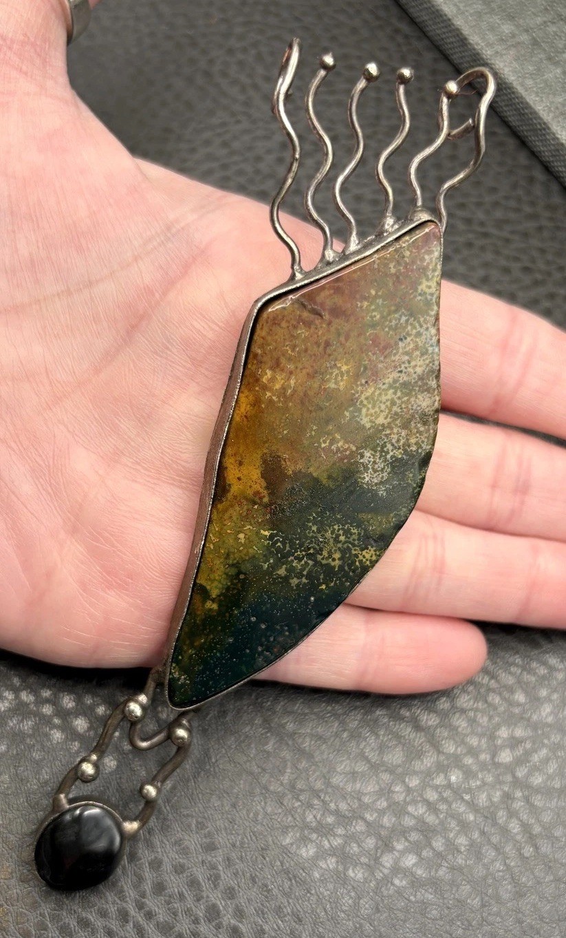 Artisan Brutalist Massive 5.5″ Silver Tone Modernist Stone Pendant Brooch