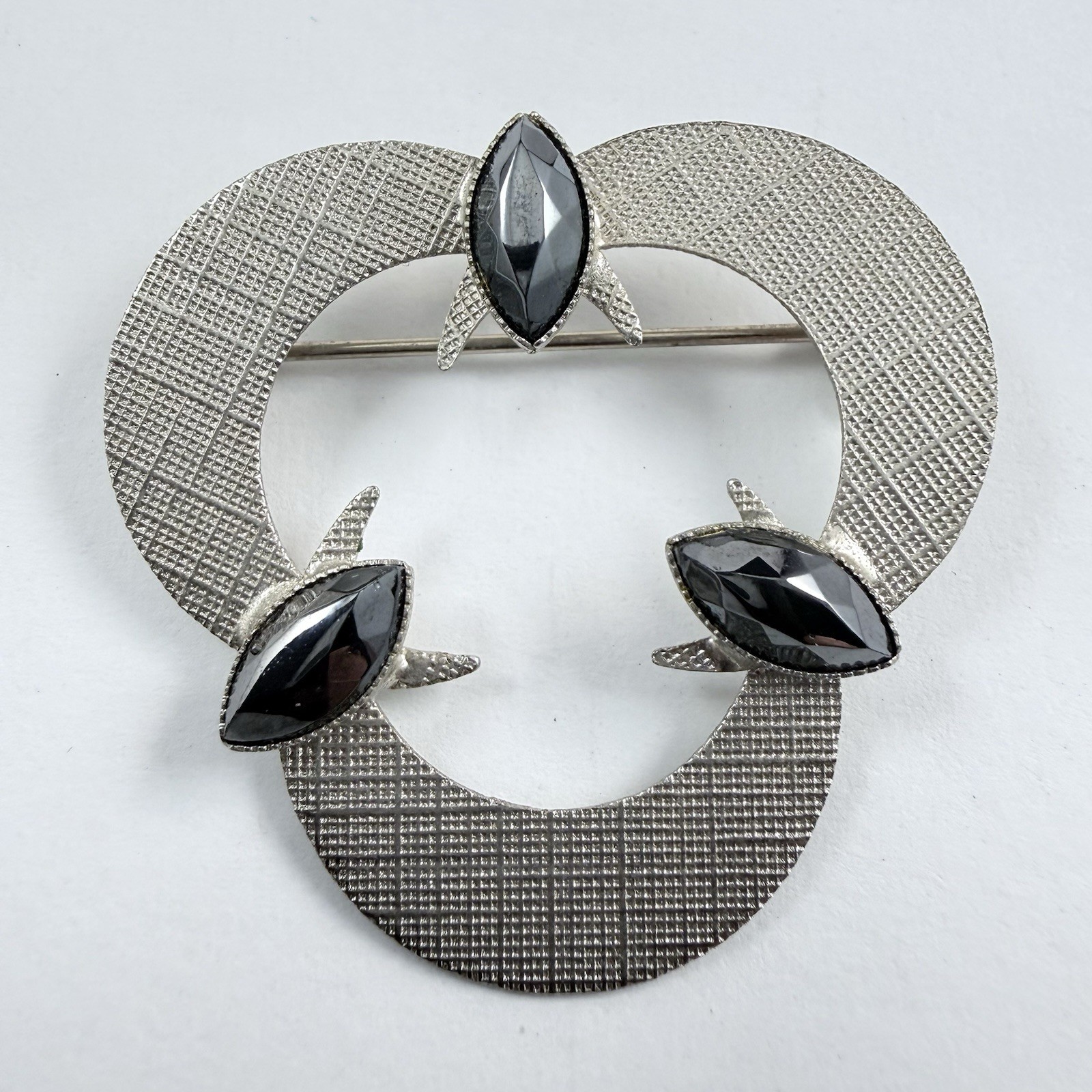 Vintage Black Hematite Brushed Silver Tone Brooch Pin