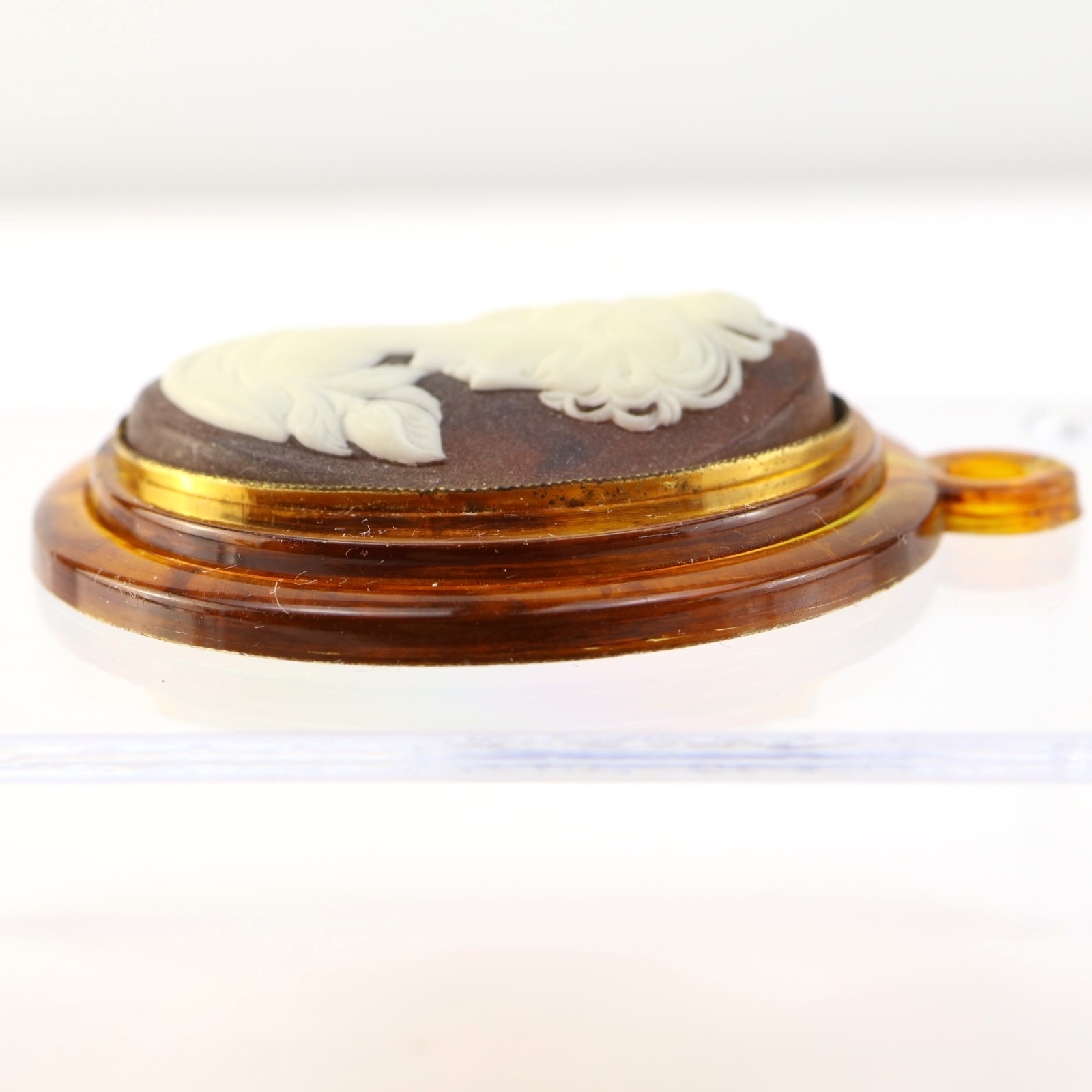 Vintage Amber Celluloid Faux Tortoise Cameo Pendant Women Floral Round Oval 59mm
