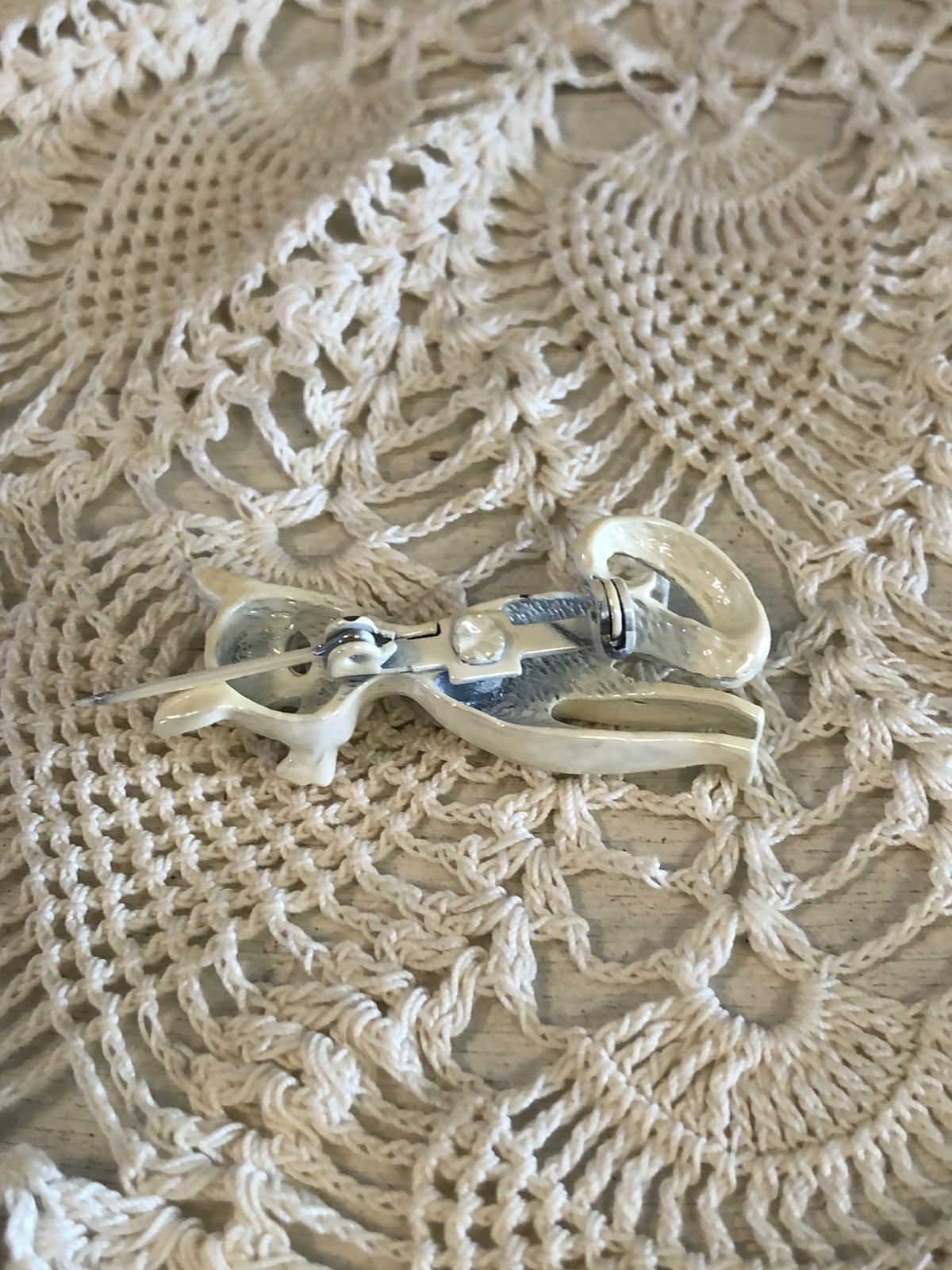 Two Vintage Brooches Flower Wheelbarrow & Iridescent White Cat Beautiful Pins