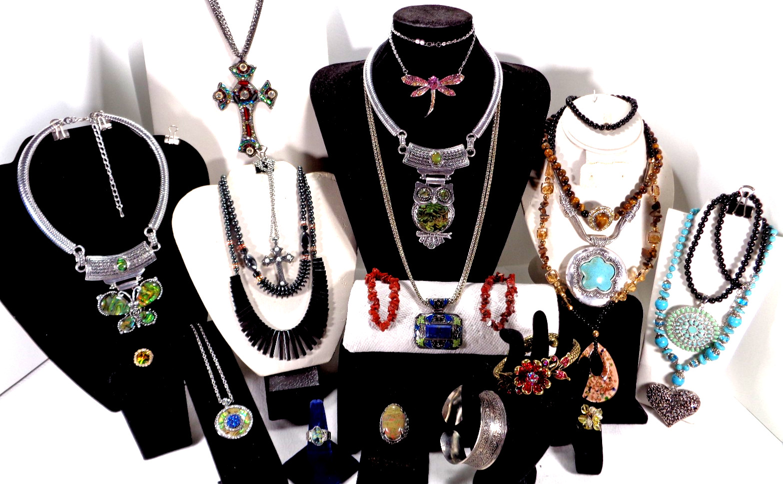 Chunky Mix Blue Red Rhinestone Figural Stone Necklace Bracelet 22 Pc Jewelry Lot