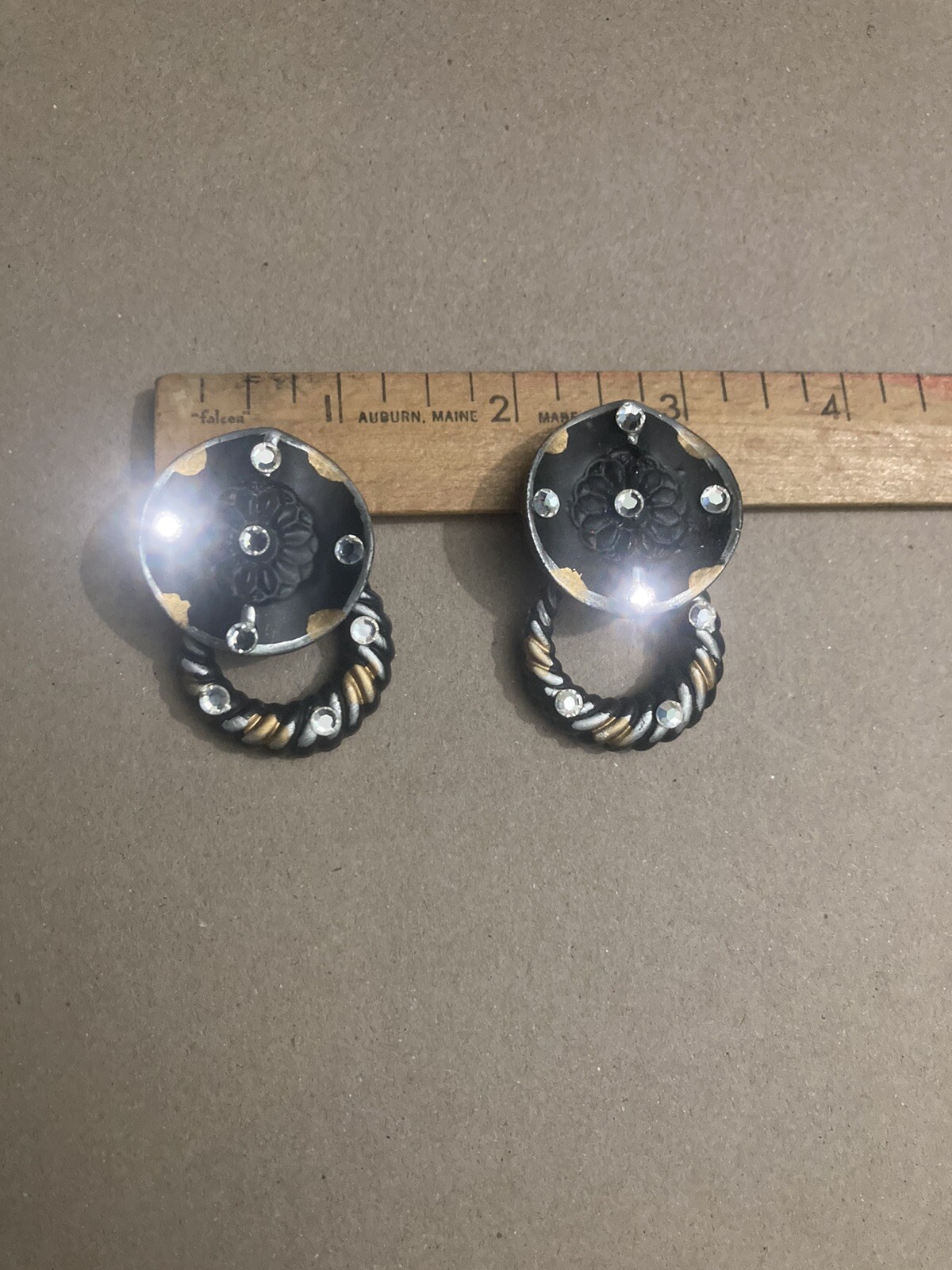 VTG Jeff Lieb Clip Earrings Black/Gold Rhinestone One Of A Kind Custom Handmade