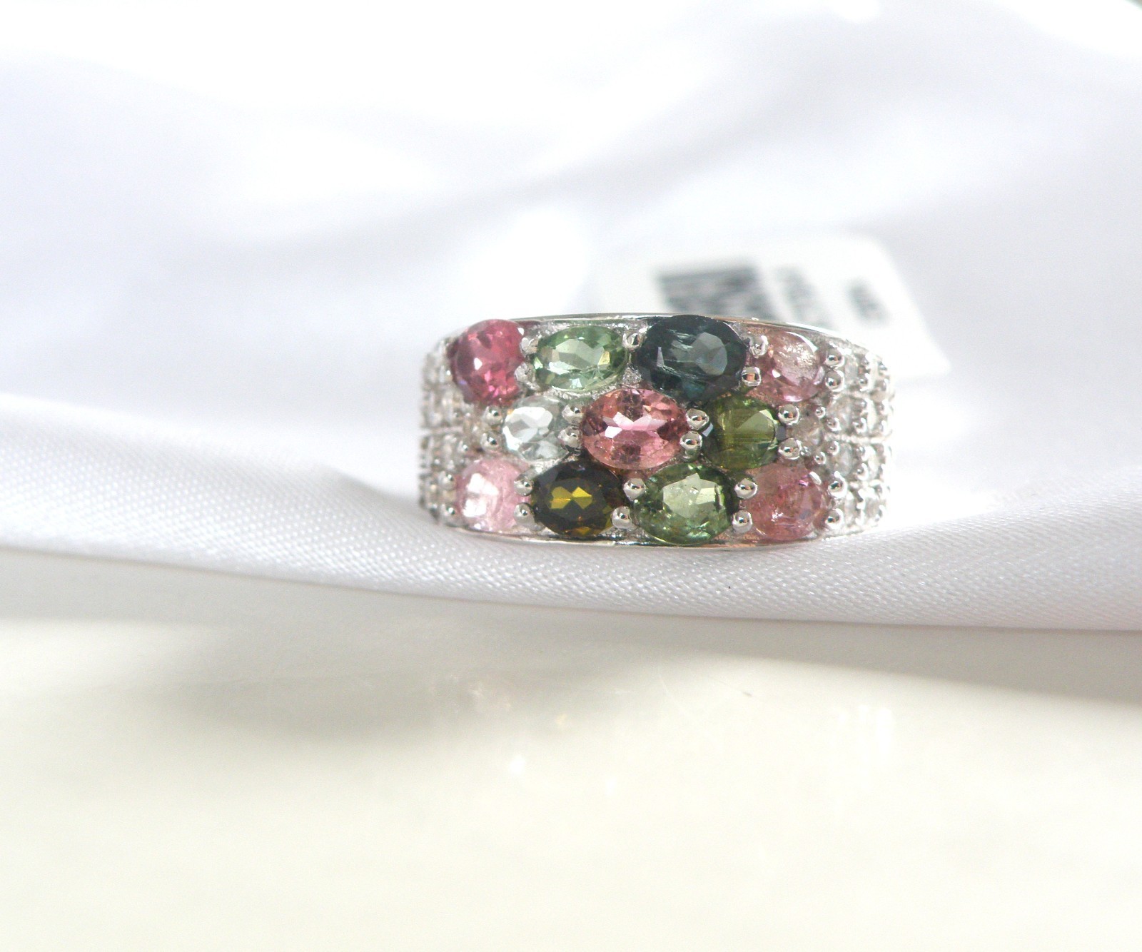 Sterling Silver 925 Multi Row Natural Tourmaline Ring Size 8
