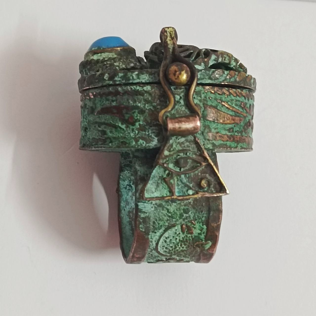 Rare Handmade Egyptian Falcon Copper Ring Turquoise Stone Antique Style Jewelry