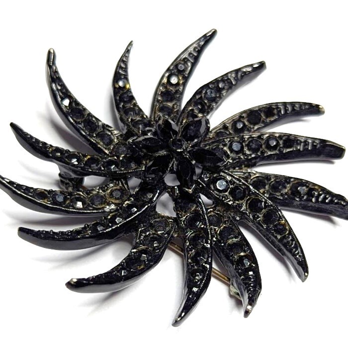 Vintage Mourning Brooch Black Rhinestone Japanned Pinwheel Signed Unreadable