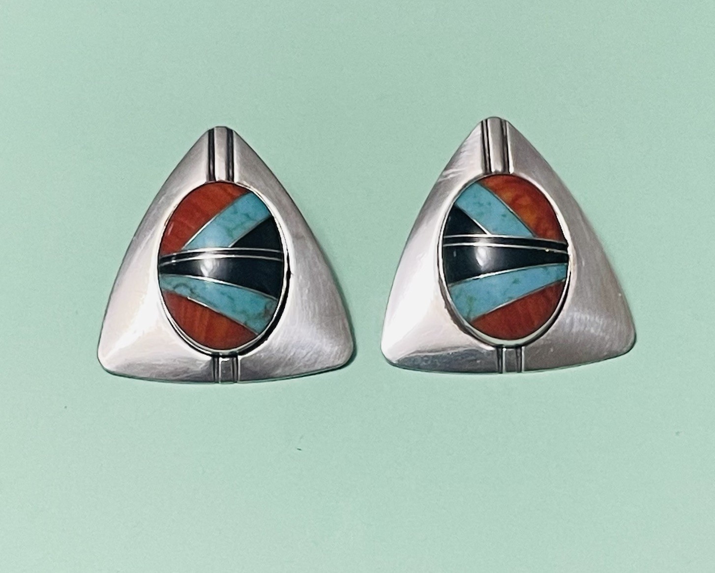 N/A? Zuni Style Mosiac Sterling Silver Earrings Clip-on Large Vintage/Retro 20g