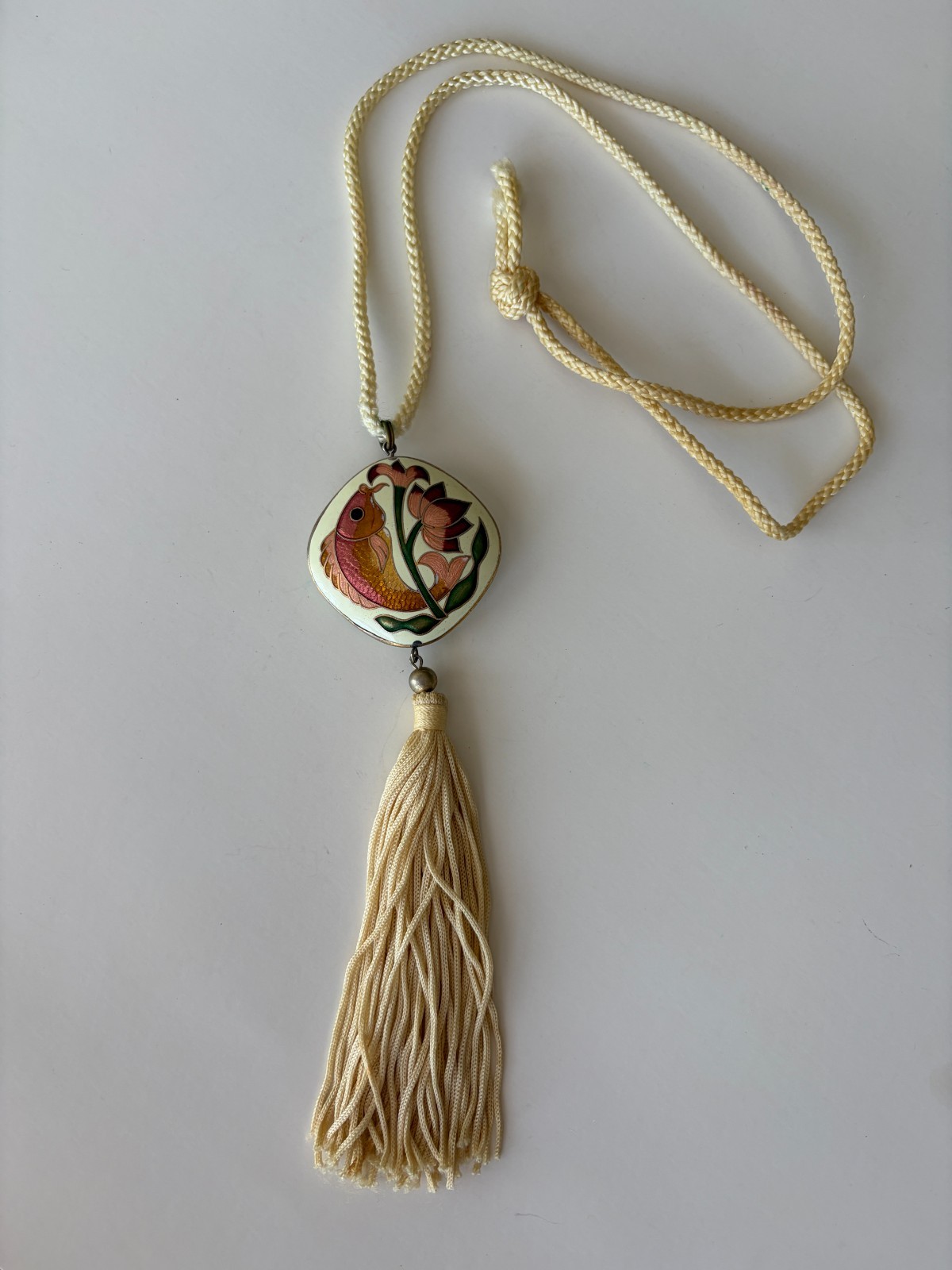 Vintage Asian Cloisonné Fish & Floral Tassel Pendent On Cream cord Necklace 30”