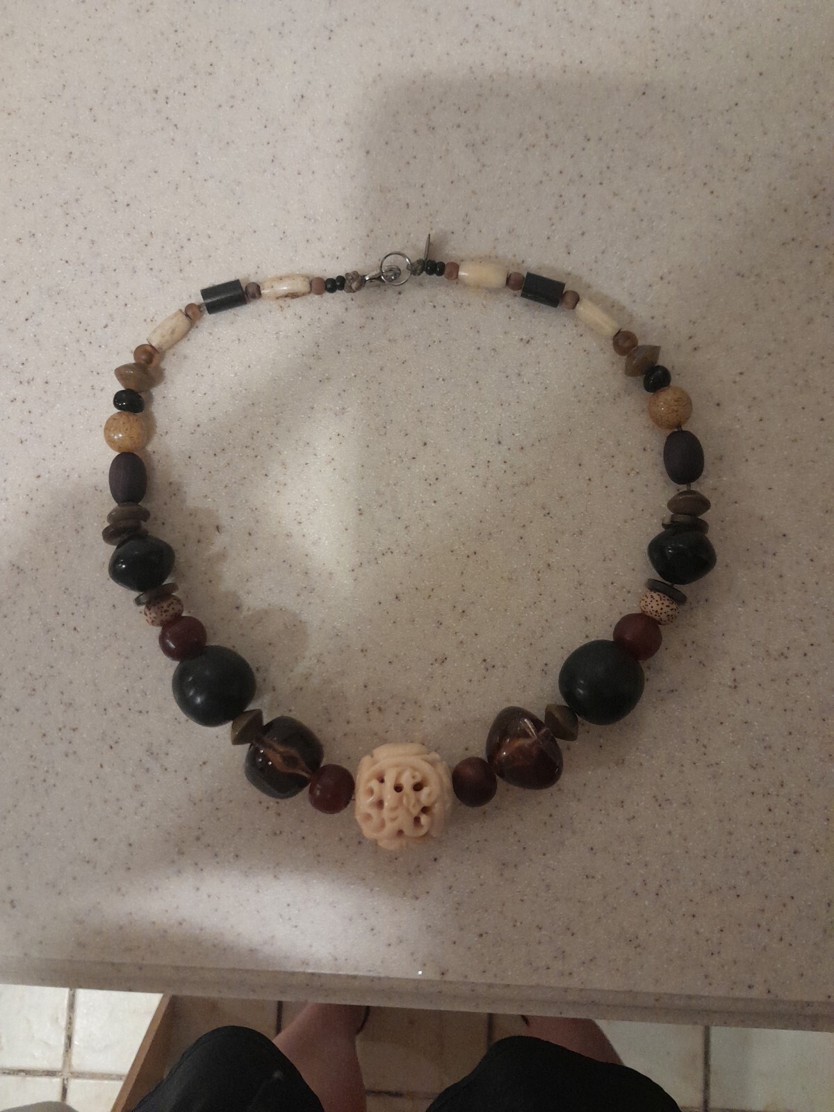 Vintage Teresa Goodall necklace signed ~multiple beads one carved bead Artisan