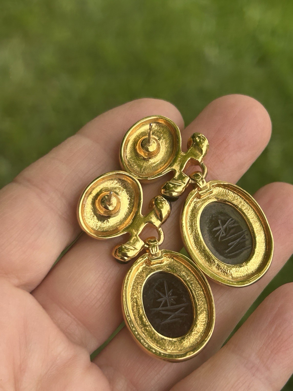 Unsigned GIVENCHY Carved Scarab Earrings Lapis Carnelian Emerald Green Cabochon