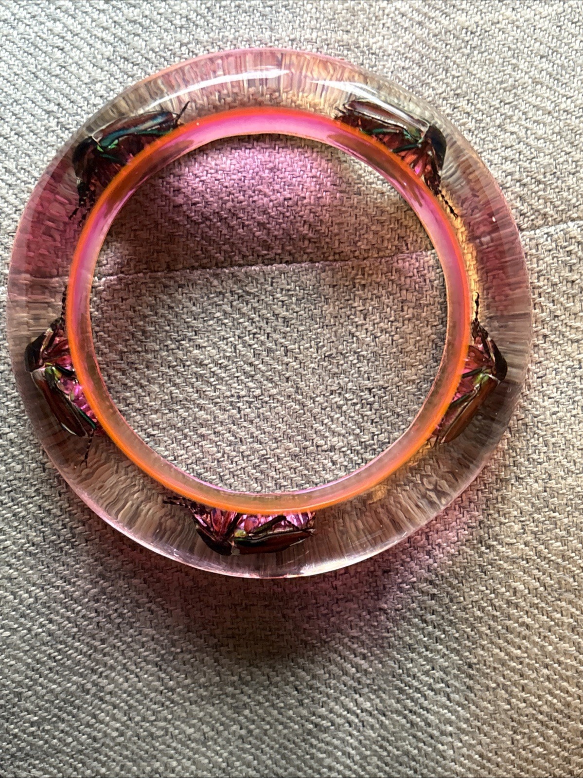 Clear Vibrant Pink Vtg Beetle Bracelet Translucent Resin, Lrg,1960s, NOS #16